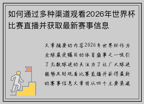如何通过多种渠道观看2026年世界杯比赛直播并获取最新赛事信息