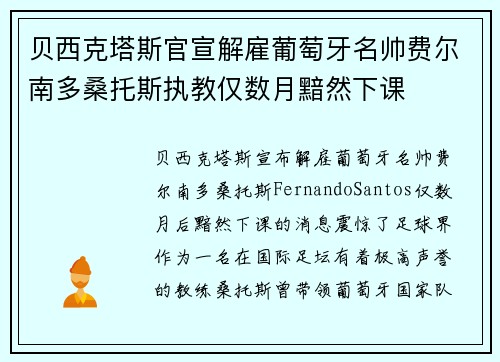 贝西克塔斯官宣解雇葡萄牙名帅费尔南多桑托斯执教仅数月黯然下课